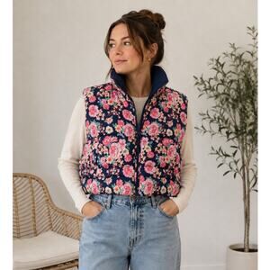 Simply Southern Cropped Vest Womens Size Medium Puffer Boxy Floral Blue Pink NEW